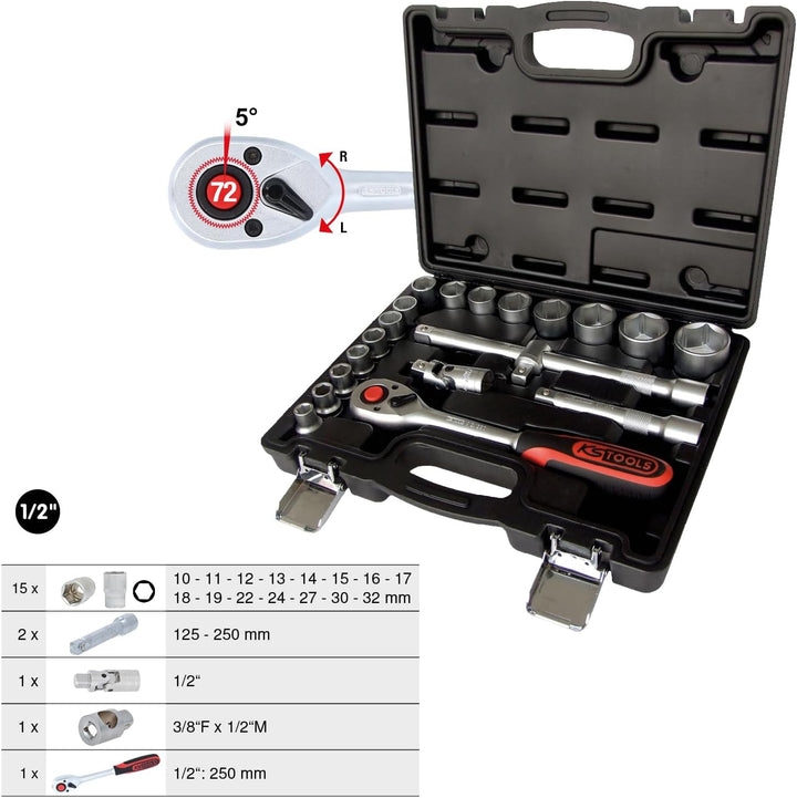 KS Tools 911.0620 1/2 Zoll Steckschlüssel-Satz | inklusive Umschaltknarre, 45-Zahn | matt satiniert