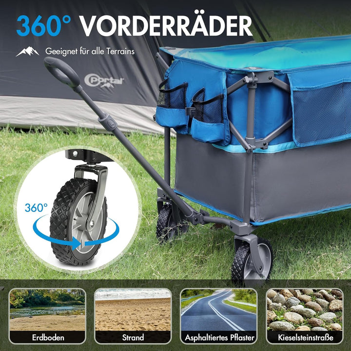 Portal Bollerwagen faltbar 225L XXL Grosse Ladefläche Handwagen mit Getränkehalter Seitentasche Tran