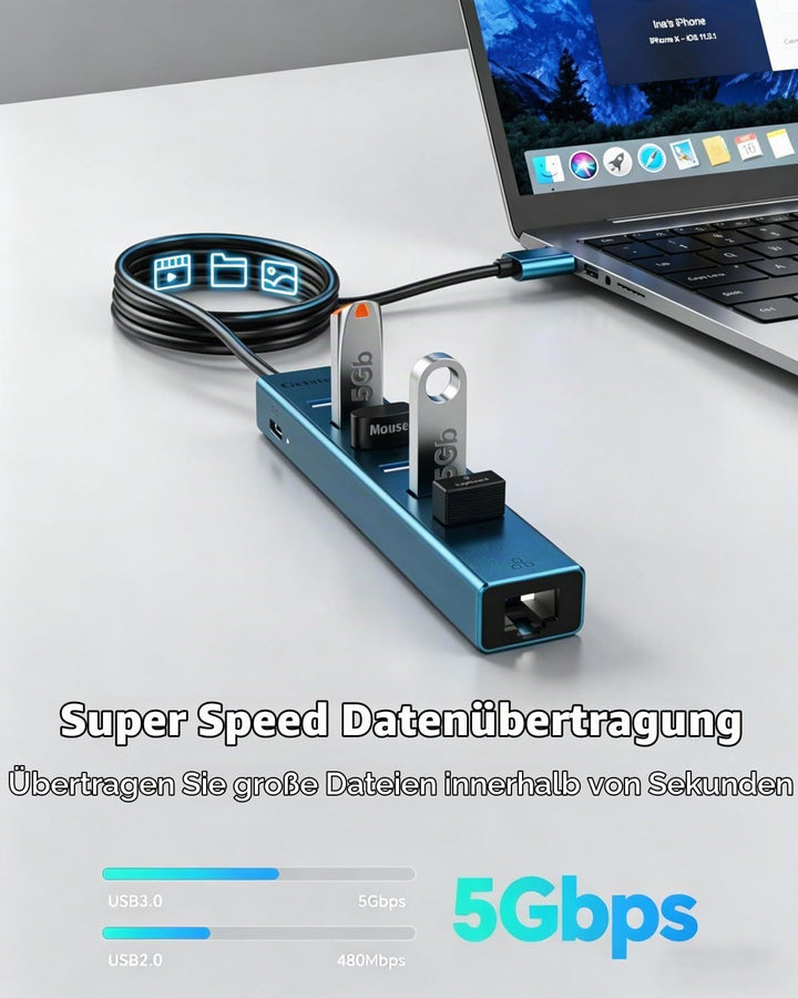 120cm USB auf Ethernet Adapter mit 6-Port USB 3.0 Hub, RJ45 Gigabit Netzwerkadapter, Typ-C 5V Input,