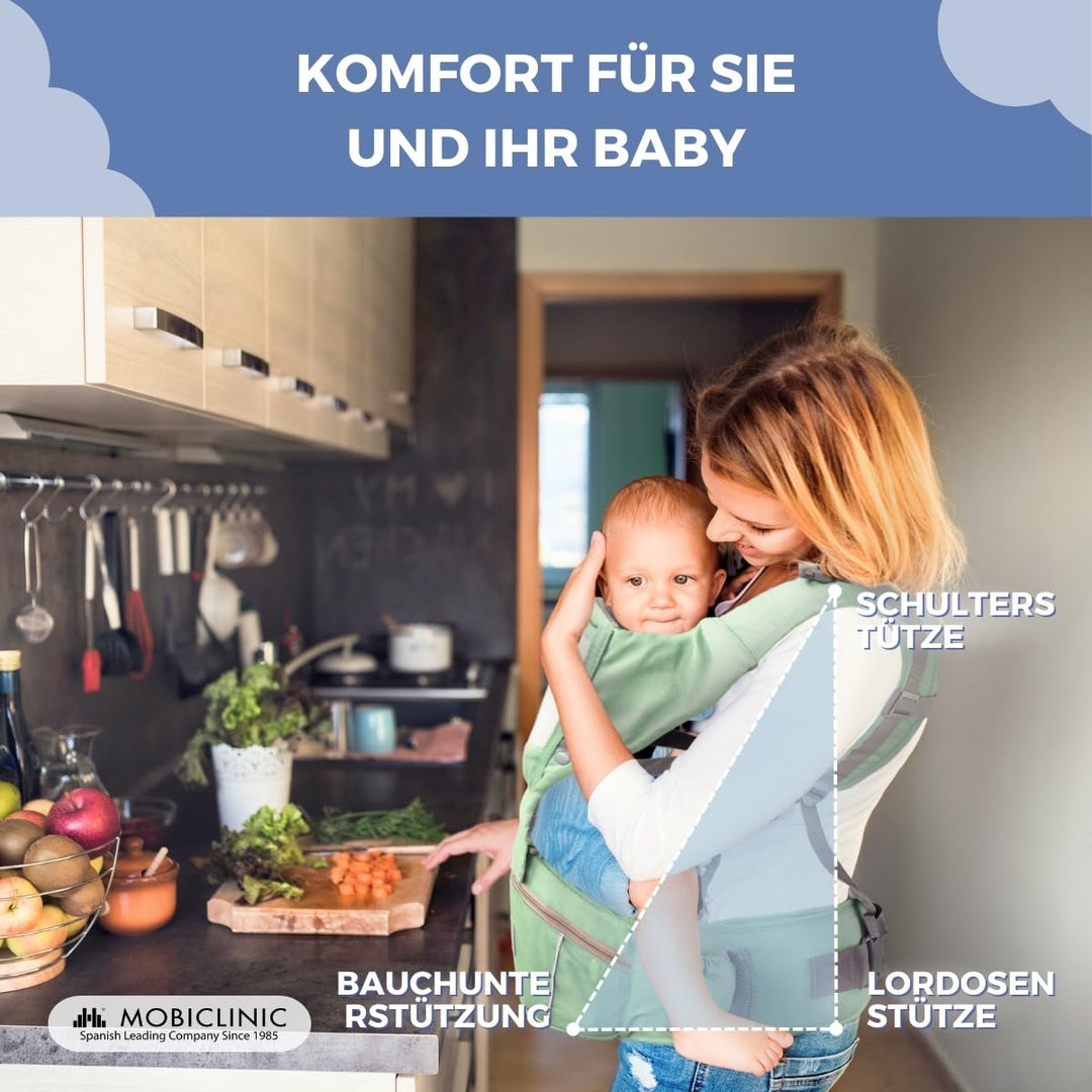 Mobiclinic® kids, Babytrage, 6 in 1, Moley, Mehrpositionale, Faltbar, Reissverschlusstasche, Flasche