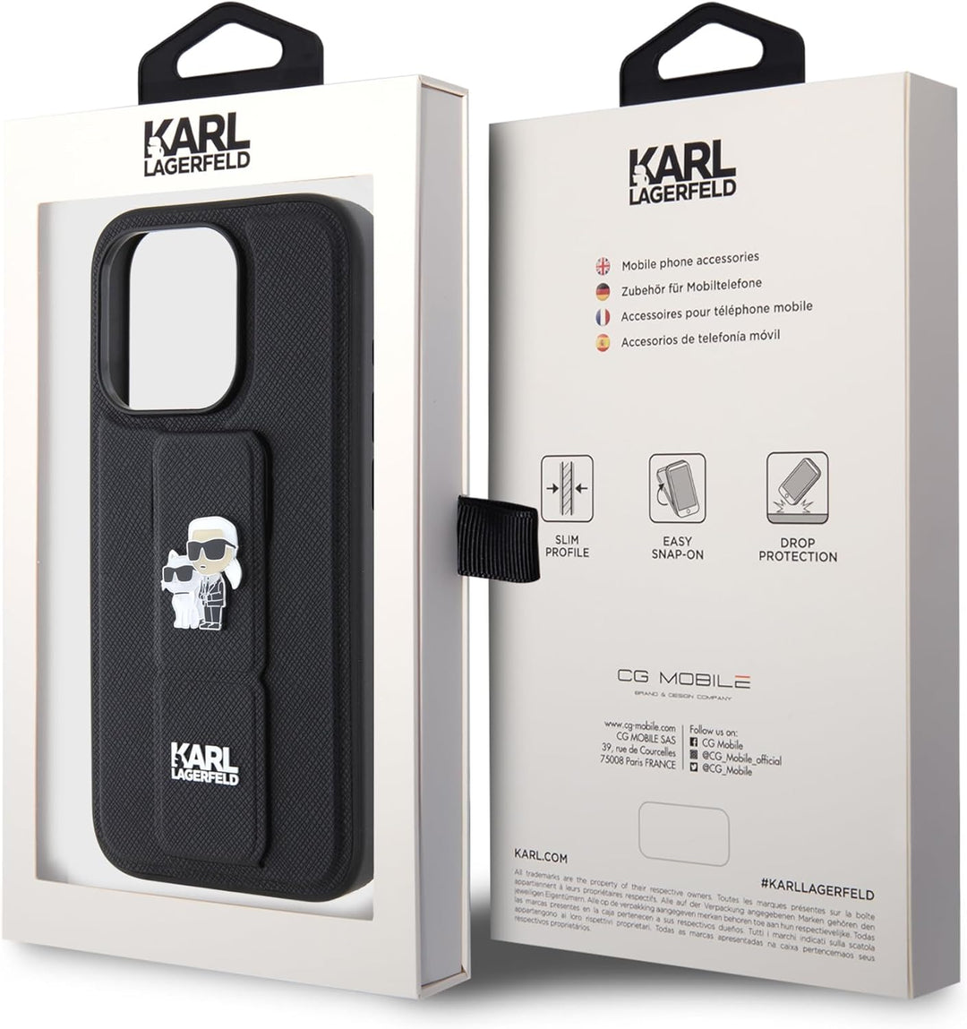 CG Movie Karl Lagerfeld Schutzhülle für iPhone 15 Pro Max, Saffiano-Leder, Schwarz, Schwarz