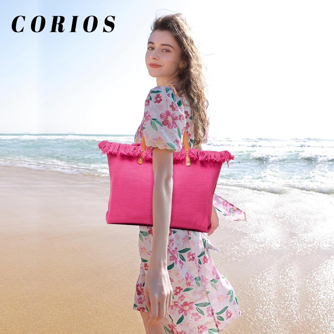 CORIOS Damen Canvas Handtasche Sommer Strand Tasche Grosse Schultertasche Böhmische Tote Beutel Bunt