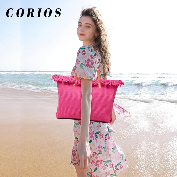 CORIOS Damen Canvas Handtasche Sommer Strand Tasche Grosse Schultertasche Böhmische Tote Beutel Bunt