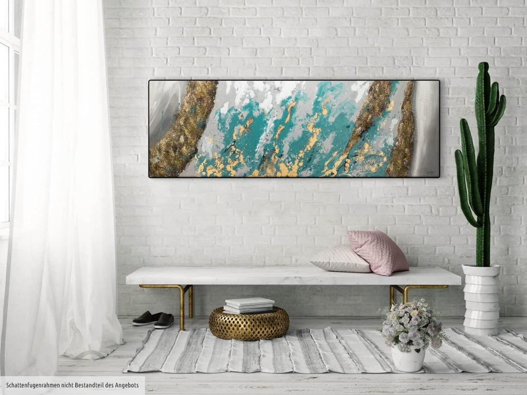 KunstLoft Leinwandbild | 100% HANDGEMALT | 150x50cm | Gemälde 'Glacial Shore' | Abstrakt | Blau Weis