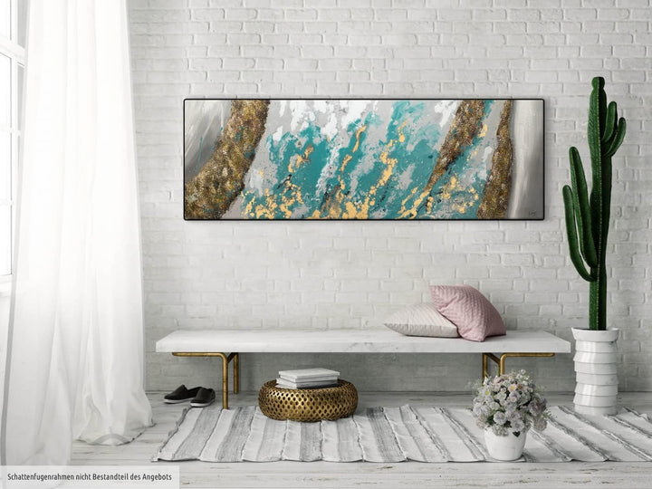 KunstLoft Leinwandbild | 100% HANDGEMALT | 150x50cm | Gemälde 'Glacial Shore' | Abstrakt | Blau Weis