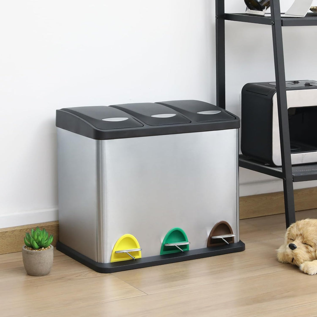 LIFERUN Mülleimer 3 Fächer, 3x 8L Mülltrennsystem, 24 Liter Abfalleimer Küche, Kleiner Treteimer aus