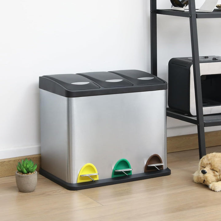 LIFERUN Mülleimer 3 Fächer, 3x 8L Mülltrennsystem, 24 Liter Abfalleimer Küche, Kleiner Treteimer aus