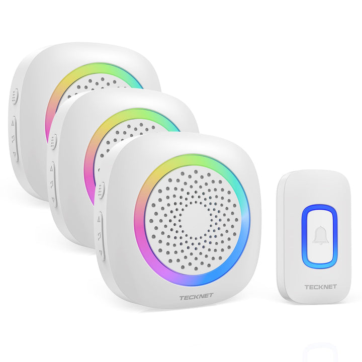 TECKNET Funkklingel mit 3 Empfängern, Kabellose Türklingel RGB, Weiss | IP66 Wasserdicht Aussen Batt