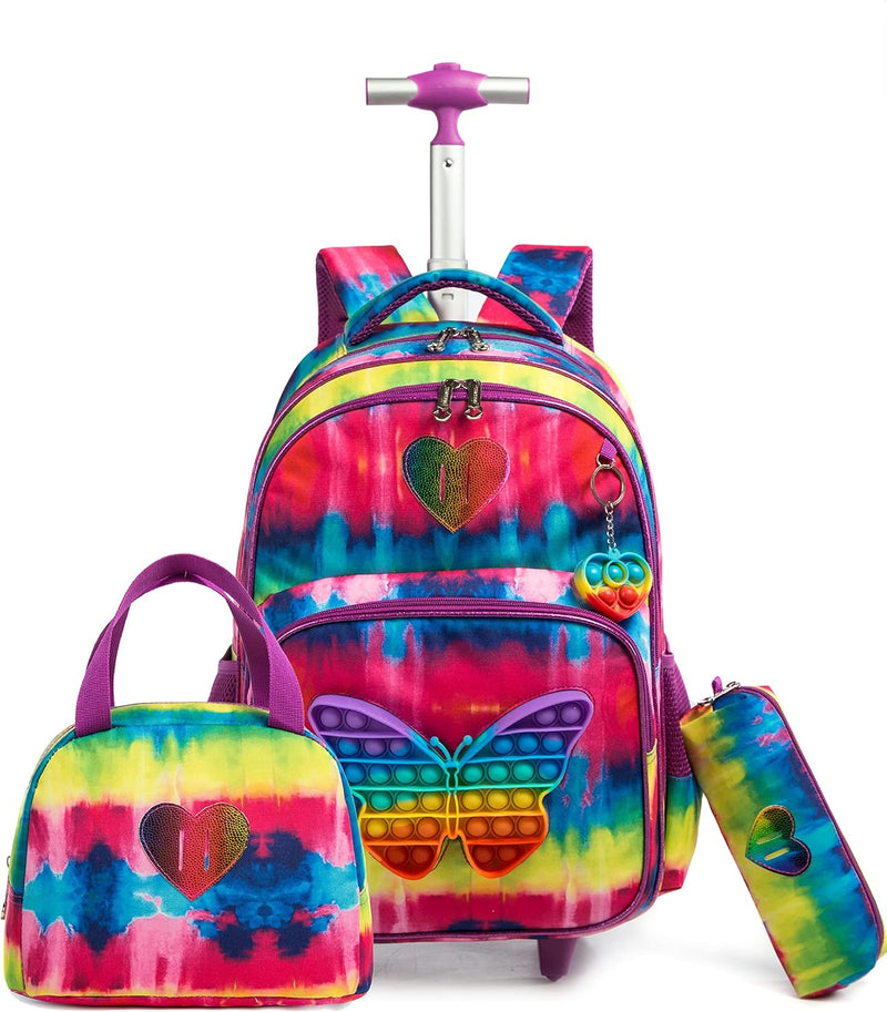 HTgroce Rollrucksack Schulranzen mit Rollen für Mädchen Pop it Rucksack Schulranzen Mädchen Set 3 in