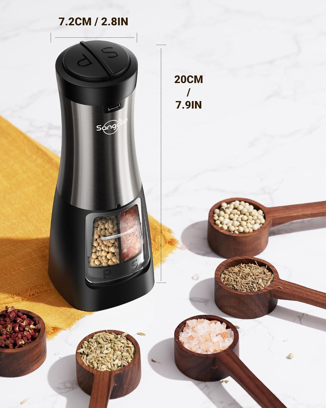 Sangcon 2 in 1 Salz und Pfeffermühle Elektrisch, Pfeffermühle USB-Aufladbarer,Automatische Einhandbe