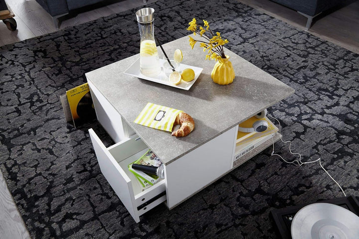 Couchtisch RAPIDO: 70x70x36,5 cm, 2 Schubladen, Rollen, Melaminharzbeschichtung, Weiss/Anthrazit Far