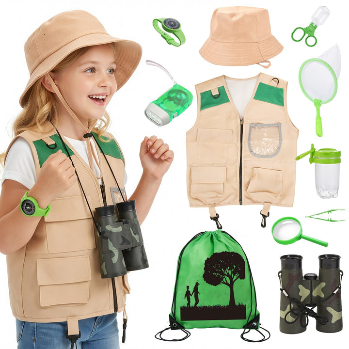 Forscherset für Kinder, 11Pcs Safari Kostüm mit Entdeckerhut Weste Fernglas Kinder Schmetterlingsnet
