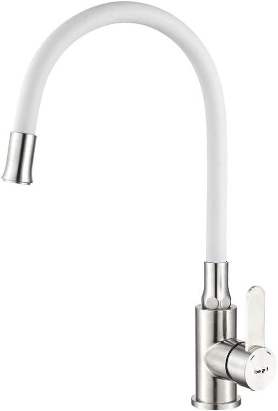 Ibergrif, Einhebel Küchenarmatur, Wasserhahn für Küche mit Weiss Flexibler Auslauf, Supersteel, Weis