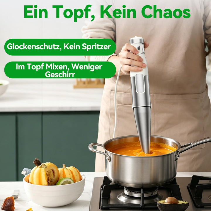 Stabmixer Set 5 in 1, 1100W Pürierstab Elektrisch, Stufenlose Geschwindigkeit, Edelstahl Hand Blende