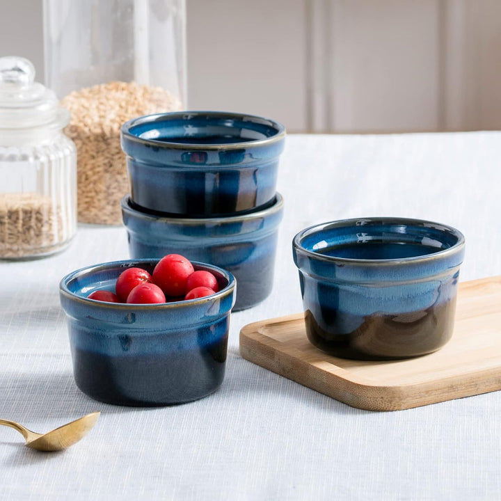 4 Stück Soufflé Förmchen, 240mL Creme Brulee Schälchen, Pastetenform, Kleine Auflaufformen, Mini Auf