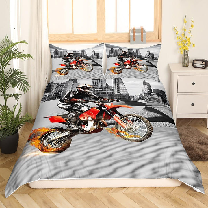 Motorrad 3D Print Betten Set Grau Stadt Moto-Cross Bettwäsche Set Microfaser Himmlische Qualität (12