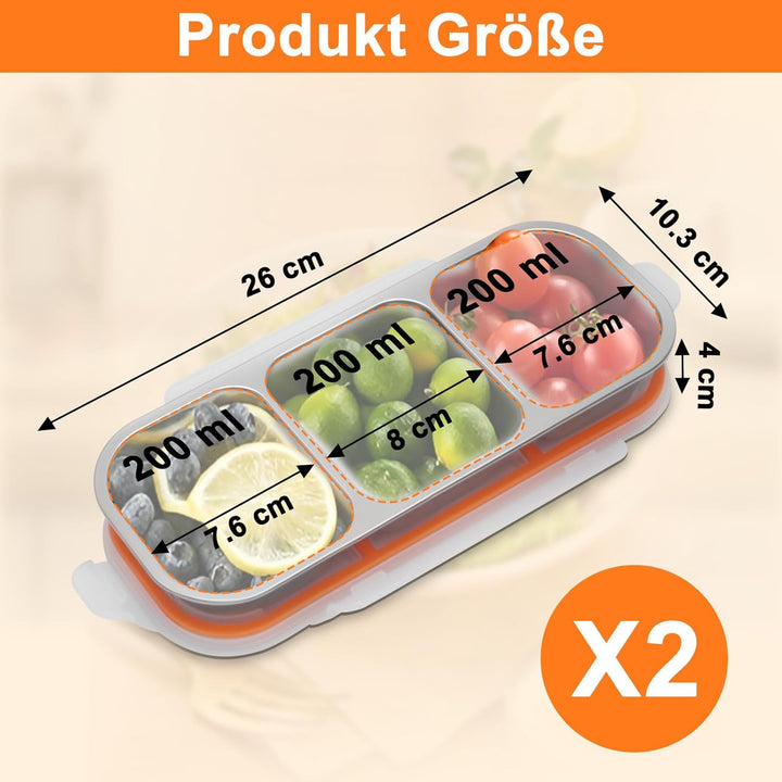 Snackbox mit 3 Fächern Edelstahl: 2 Stück Auslaufsicher Snackdose mit Deckel(600ml)-Tragbare Brotdos