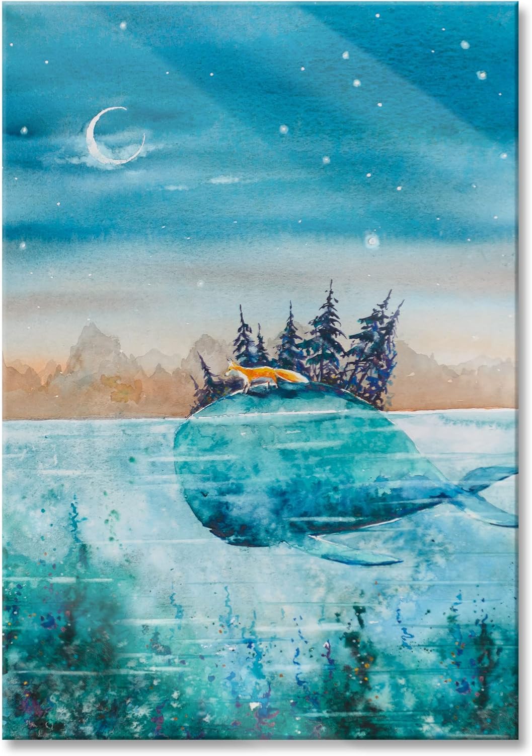 Pixxprint Glasbild | Wandbild aus Echtglas | Fuchs reitet auf Wal bei Nacht | 60x80 cm | inkl. Aufhä