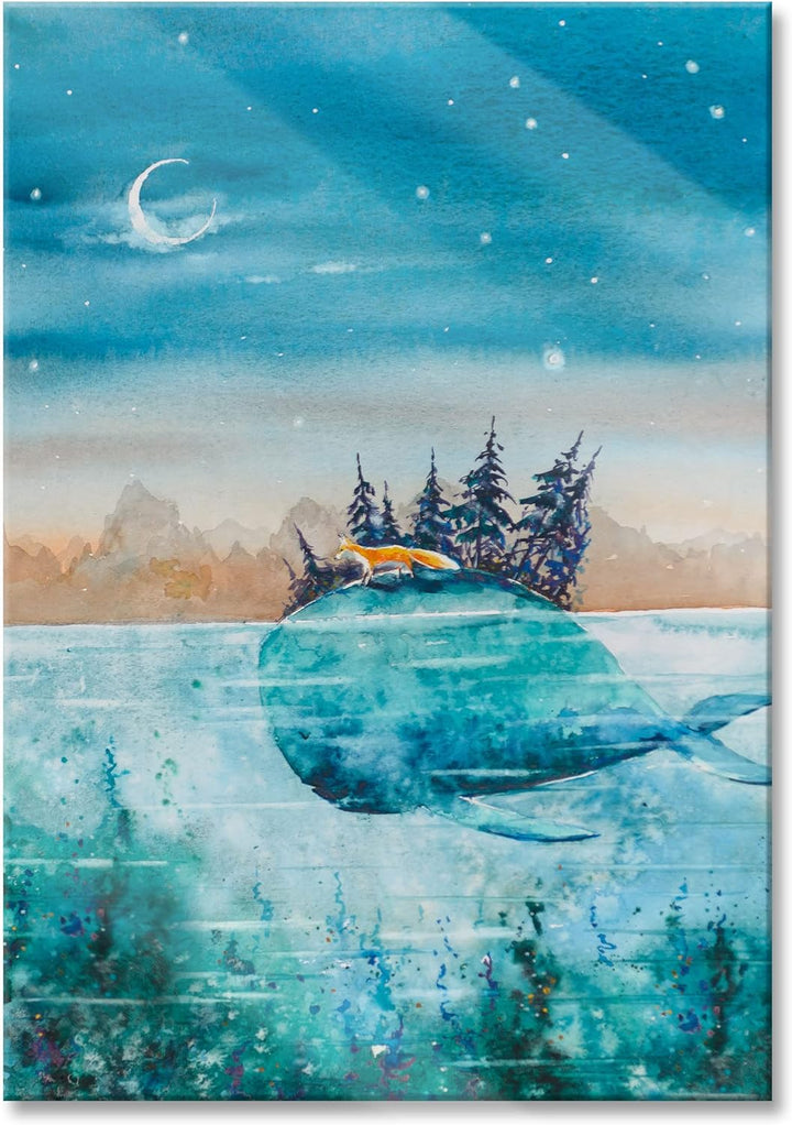 Pixxprint Glasbild | Wandbild aus Echtglas | Fuchs reitet auf Wal bei Nacht | 60x80 cm | inkl. Aufhä