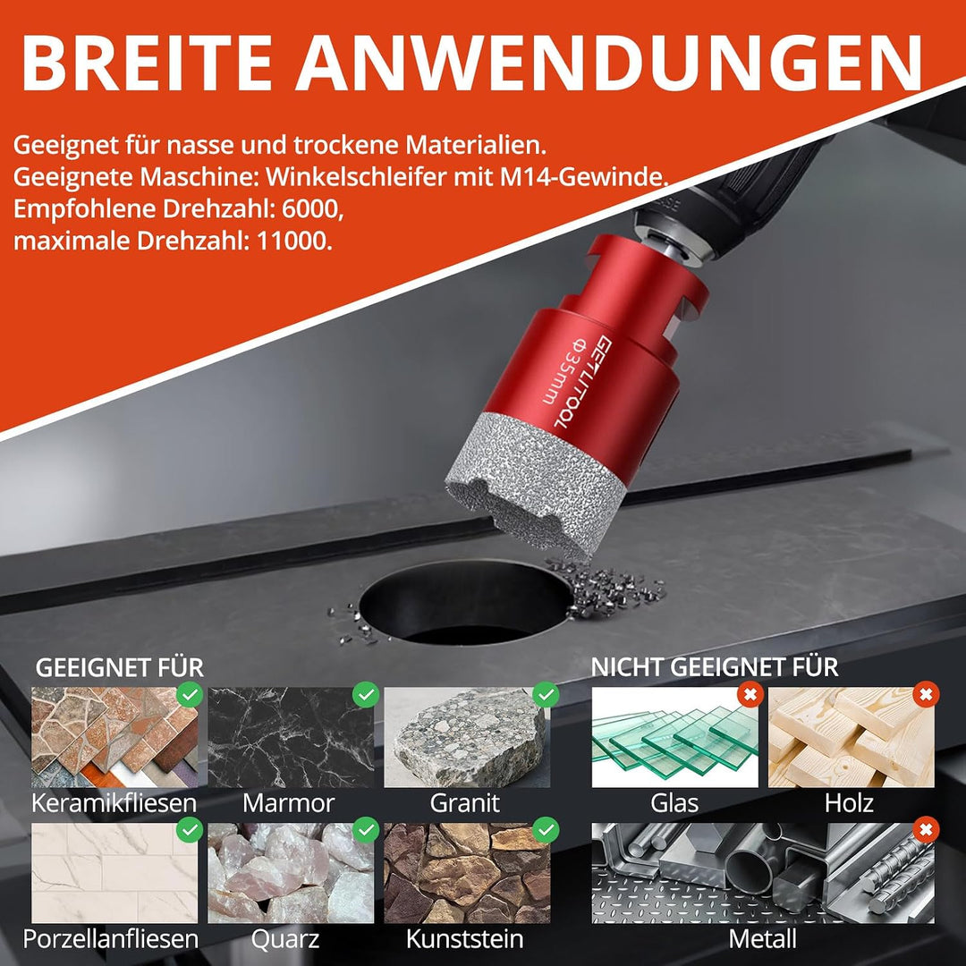 GETLITOOL 11tlg Diamant Fliesenbohrer Set 6-68mm, 125mm Trennscheibe, Diamant Lochsägeset für Porzel