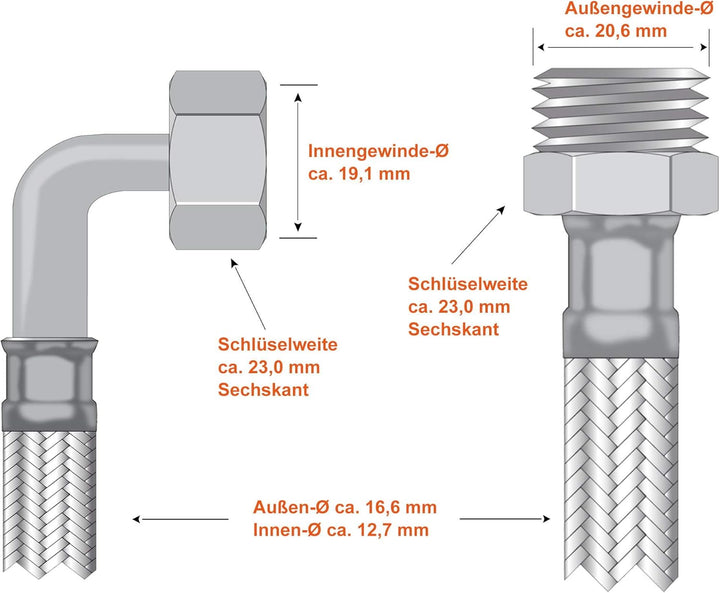 SFX® Panzerschlauch 30cm Flexschlauch 1/2 Zoll AG x 1/2 Zoll ÜM (IG) mit 90°Bogen Edelstahlgeflecht