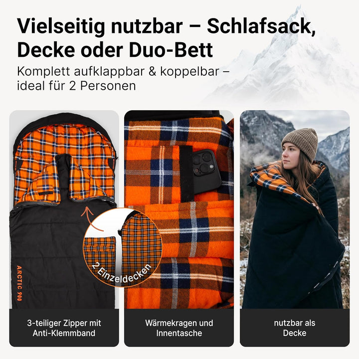 EXPLORER Arctic XXL Deckenschlafsack Winter -24°C Extrem – Camping Schlafsack aus 100% Baumwolle &amp; F