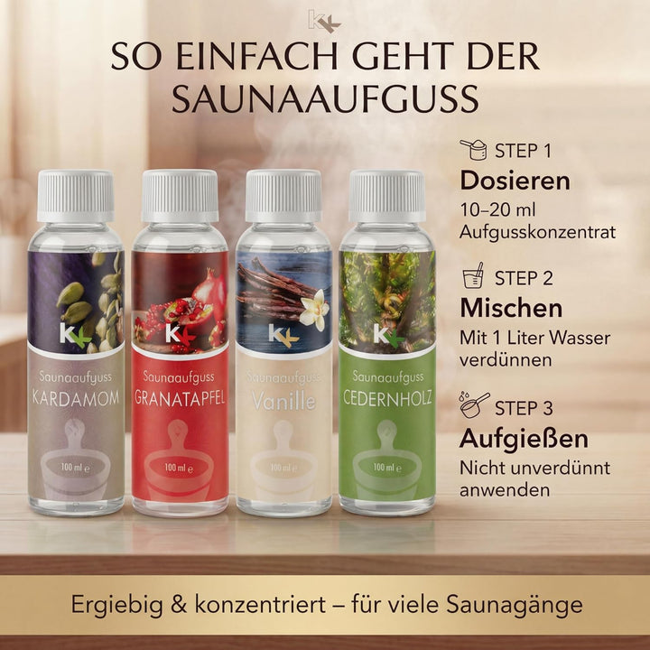 KK Saunaaufguss-Set"Orient" - Made in Germany - 4 verschiedene Duftsorten in einem Set - Kardamom, G