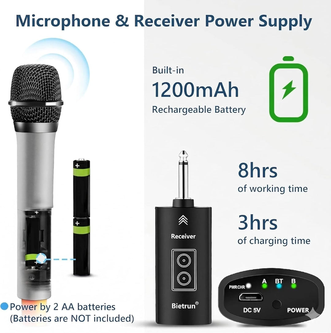 Bietrun Kabellose Mikrofone mit Echo, Höhen, Bass und Bluetooth, 160 m Reichweite, tragbares UHF-Han