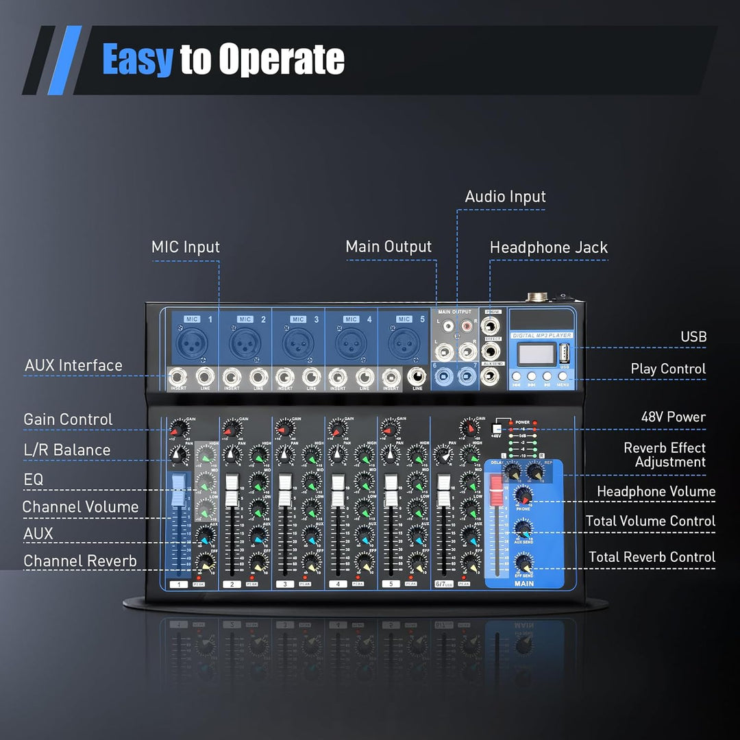 Bluetooth Audio Mixer 7 Kanal Live Studio Audio Mixer USB DJ Console Amplifier Mischkonsole 6 Musikm