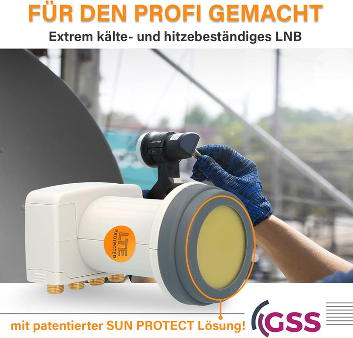 [ Test SEHR GUT, Note 1.2 *] GSS Helios Quattro LNB + 8X Fstecker, mit LTE Abschirmung &amp; Sun Protect