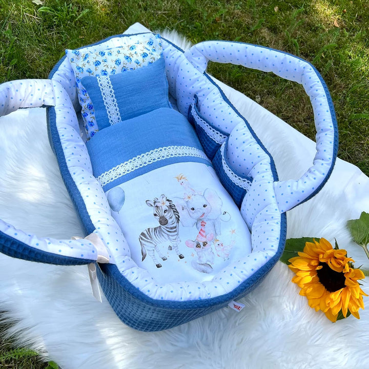 Puppentragetasche für Puppen 35-40 cm, Blau, Baumwolle, Tieren, Waschbar (35-40, Blau Nr. 17) 35-40
