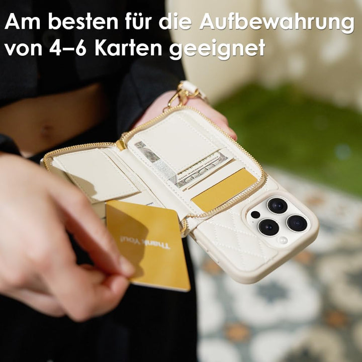 CUSTYPE für iPhone 15 Pro Hülle mit Band, Geldbörse Hülle aus Mikrofaserleder, Handykette Hülle für