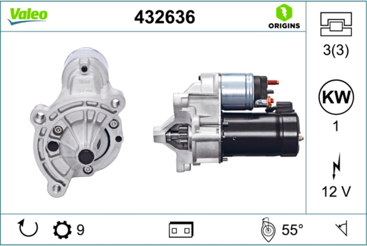 VALEO 432636 Starter Nennleistung: 1 kW Stop & Start: NO Zähnezahl: 9 zähne Spannung: 12 V Drehricht