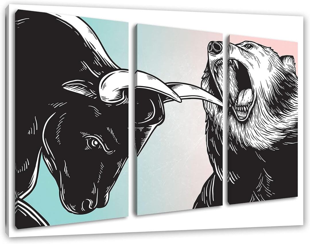Pixxprint Bulle und Bär Aktienmarktals Leinwandbild 3 teilig | Grösse: 120x80 cm | Wandbild | Kunstd