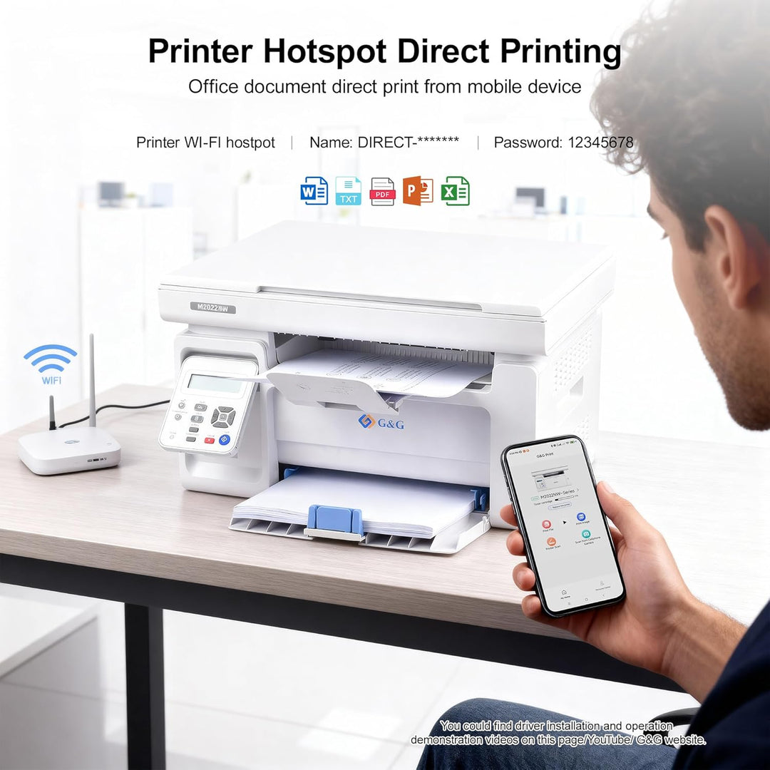 G&G M2022NW Laserdrucker - Multifunktionsgerät mit Drucker, Scanner und Kopierer,Schwarz-Weiss,WLAN(