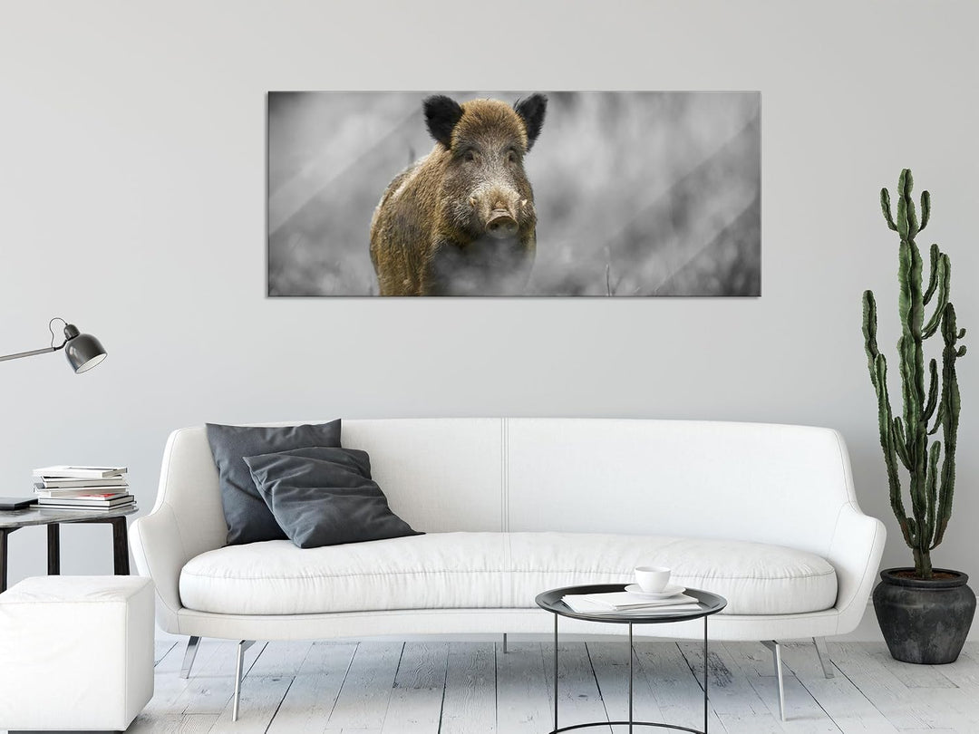 Glasbild Panorama | Wandbild aus Echtglas | einsames Wildschwein im Wald | 120x50 cm | inkl. Aufhäng