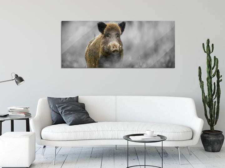 Glasbild Panorama | Wandbild aus Echtglas | einsames Wildschwein im Wald | 120x50 cm | inkl. Aufhäng