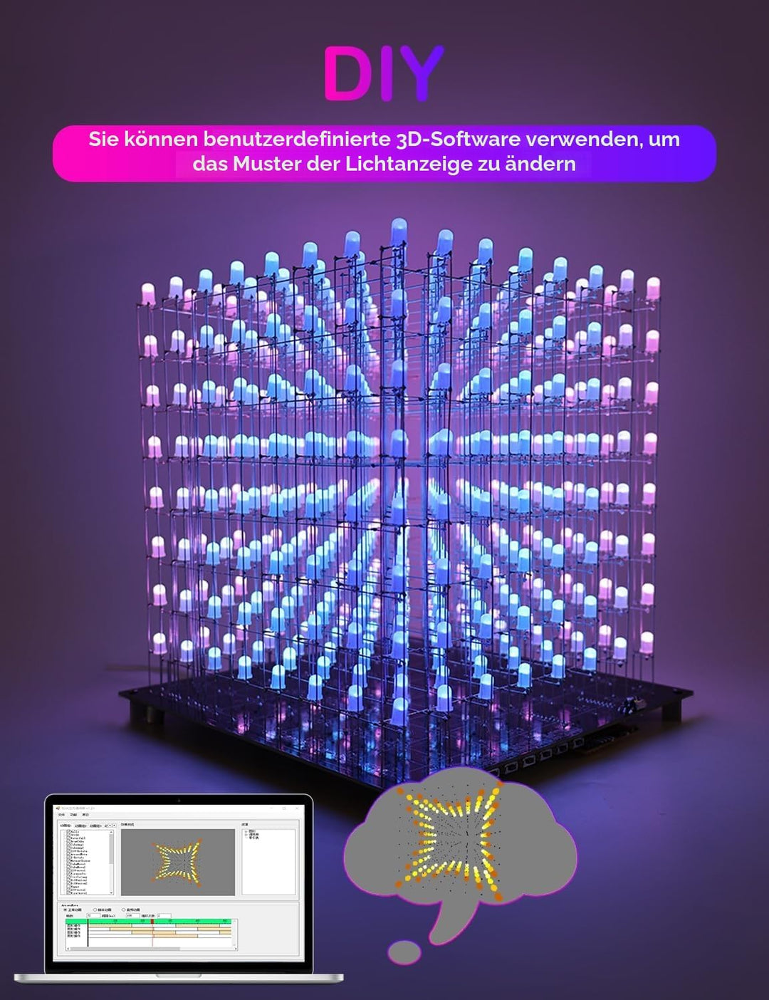 iCubeSmart 3D8RGB-KIT LED-Würfel-Set, DIY-Elektronik-Set, 8 x 8 x 8, LED-Lichtwürfel, DIY-Lötprojekt