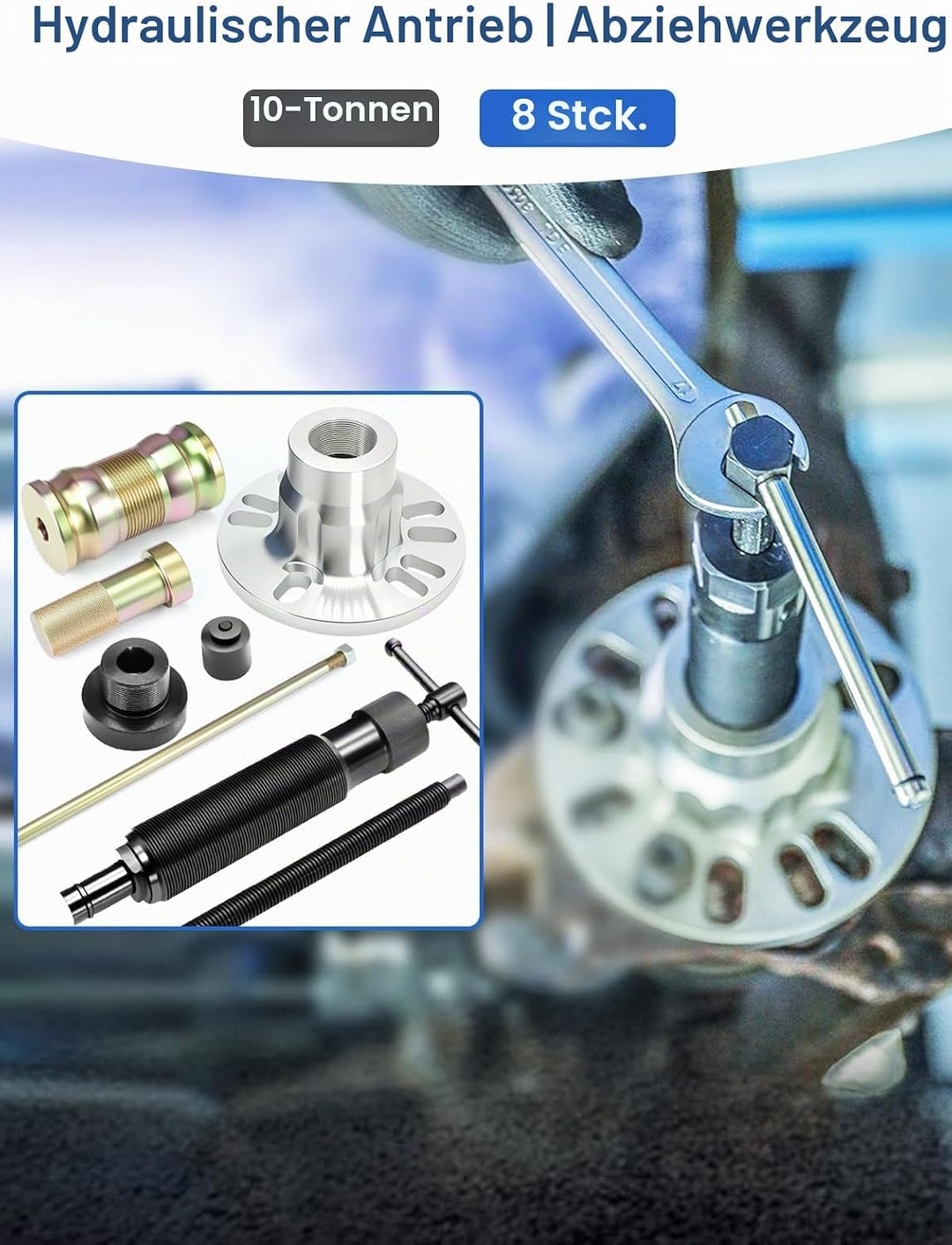 10T 8Tlg Hydraulischer Radnaben Abzieher Profi-Set, Universell für 4/5-Loch Felgen (96-125mm), Antri