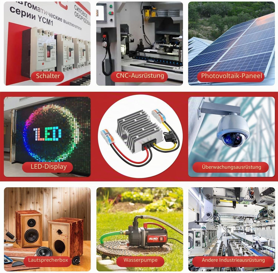 Spannungswandler 24V auf 12V, Step Down 24V 12V 15A 180W mit Sicherung Wasserdicht und Schnellverbin