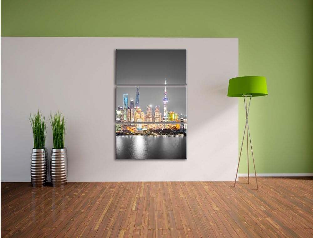 Pixxprint Shanghai Skyline bei Nacht als Leinwandbild/Grösse: 3 Teilig (120x80 cm) cm/Wandbild/Kunst
