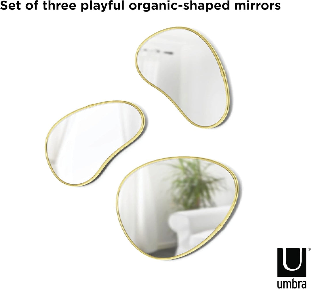 Umbra Hubba Pebble Wandspiegel Set, Moderne Design Spiegel mit Organischer Form, 3er-Set, Messing Me