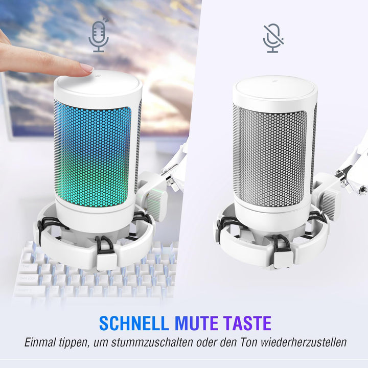 Fifine USB Mikrofon PC Gaming mit Arm, Microphone weiss für MAC PS4 PS5 mit Stummschalttaste, Popfil
