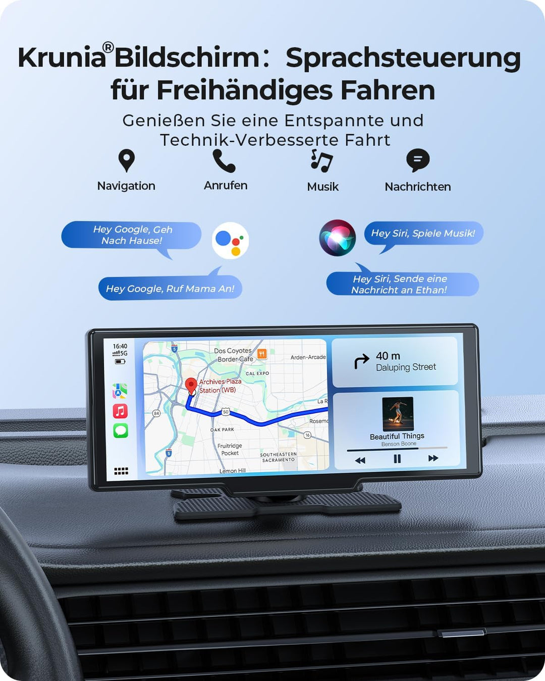 9,26" Drahtloses Tragbarer Car Play Display mit 4K-Front- &amp; HD-Rückfahr-Dual-Dashcam für Apple CarPl
