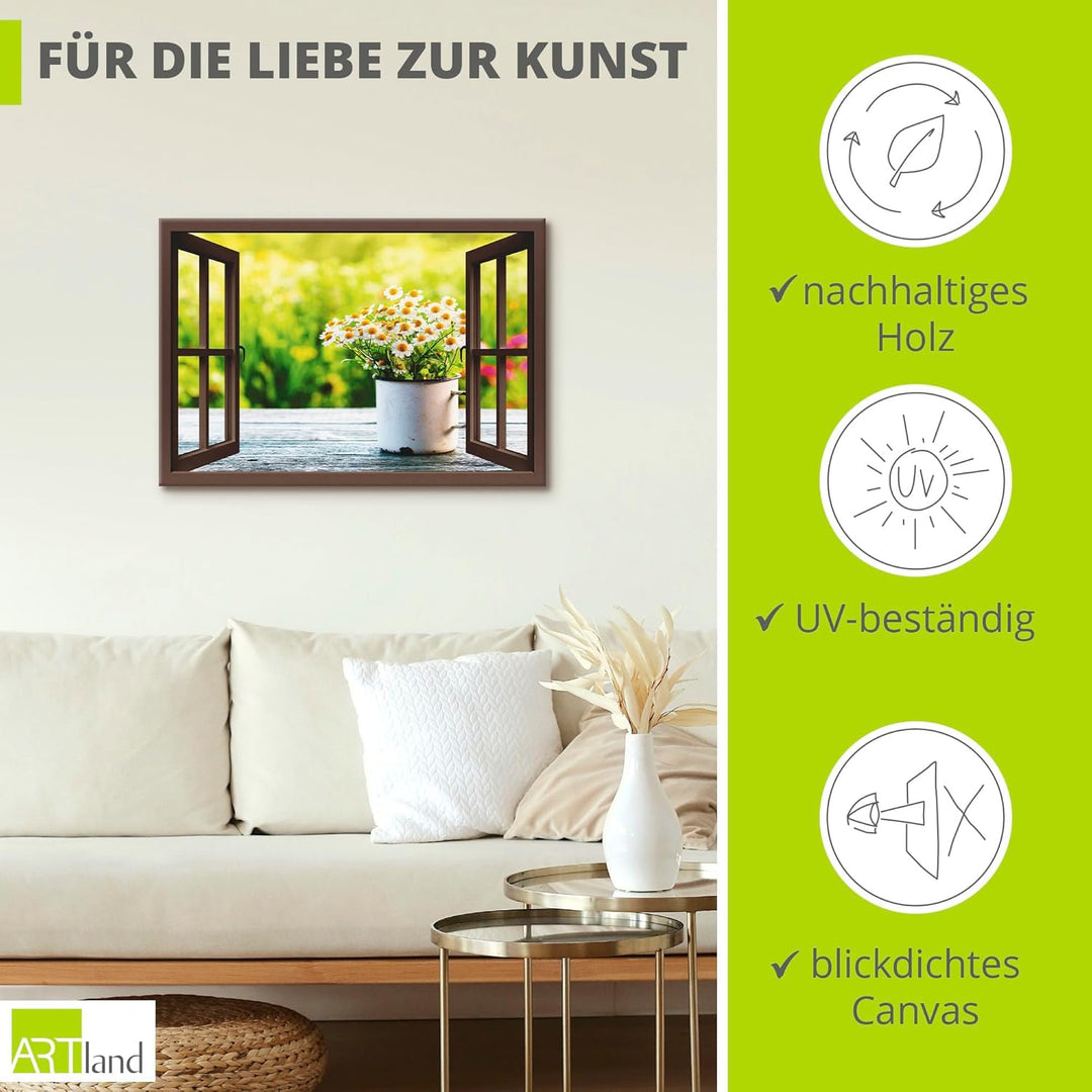 Artland Leinwandbild Wandbild Bild auf Leinwand 100x70 cm Wanddeko Fensterblick Fenster Botanik Blum