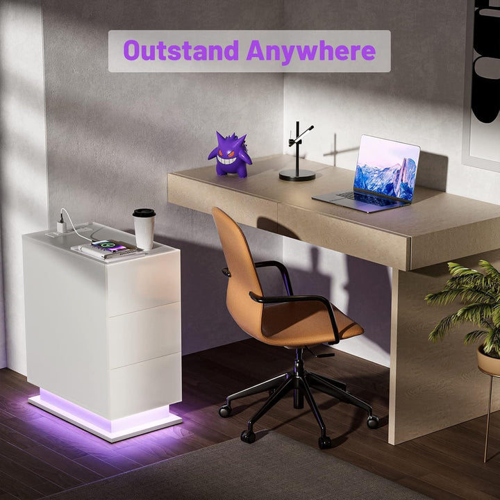 PIPIPOXER 2er Set Nachttisch LED mit Steckdose & USB, Nachttisch Weiss Hochglanz Nachtkommode mit 3