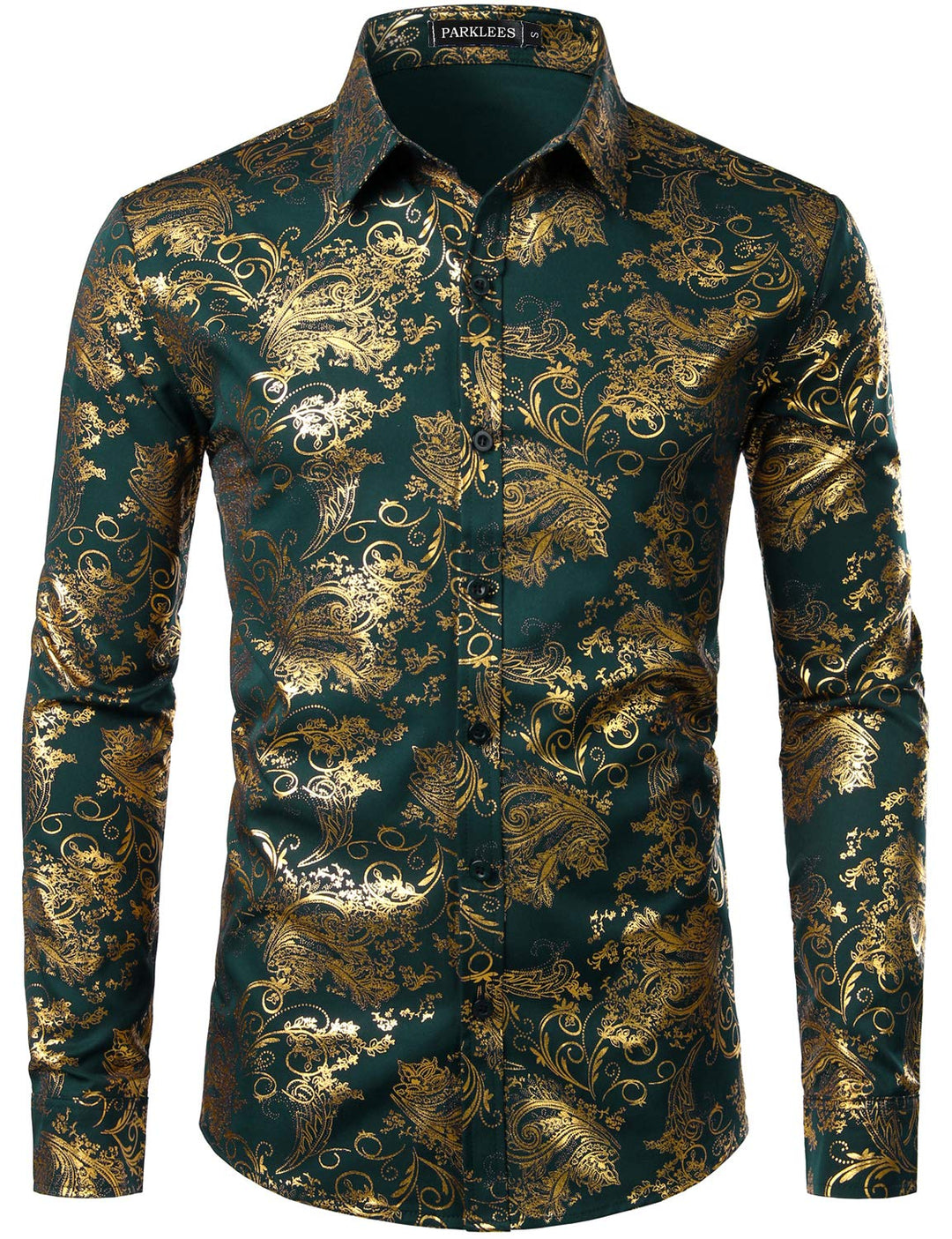 PARKLEES Herren Luxus Paisley Gemustert Golden Glänzend Slim Fit Freizeithemd XL Dunkel Waldgrün, XL