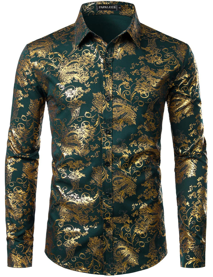PARKLEES Herren Luxus Paisley Gemustert Golden Glänzend Slim Fit Freizeithemd M Dunkel Waldgrün, M D