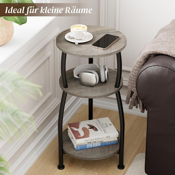 Beistelltisch rund, Kleiner Runder Tisch 3 Ebenen, Couchtisch klein mit Aufbewahrung, Nachttisch, Ka