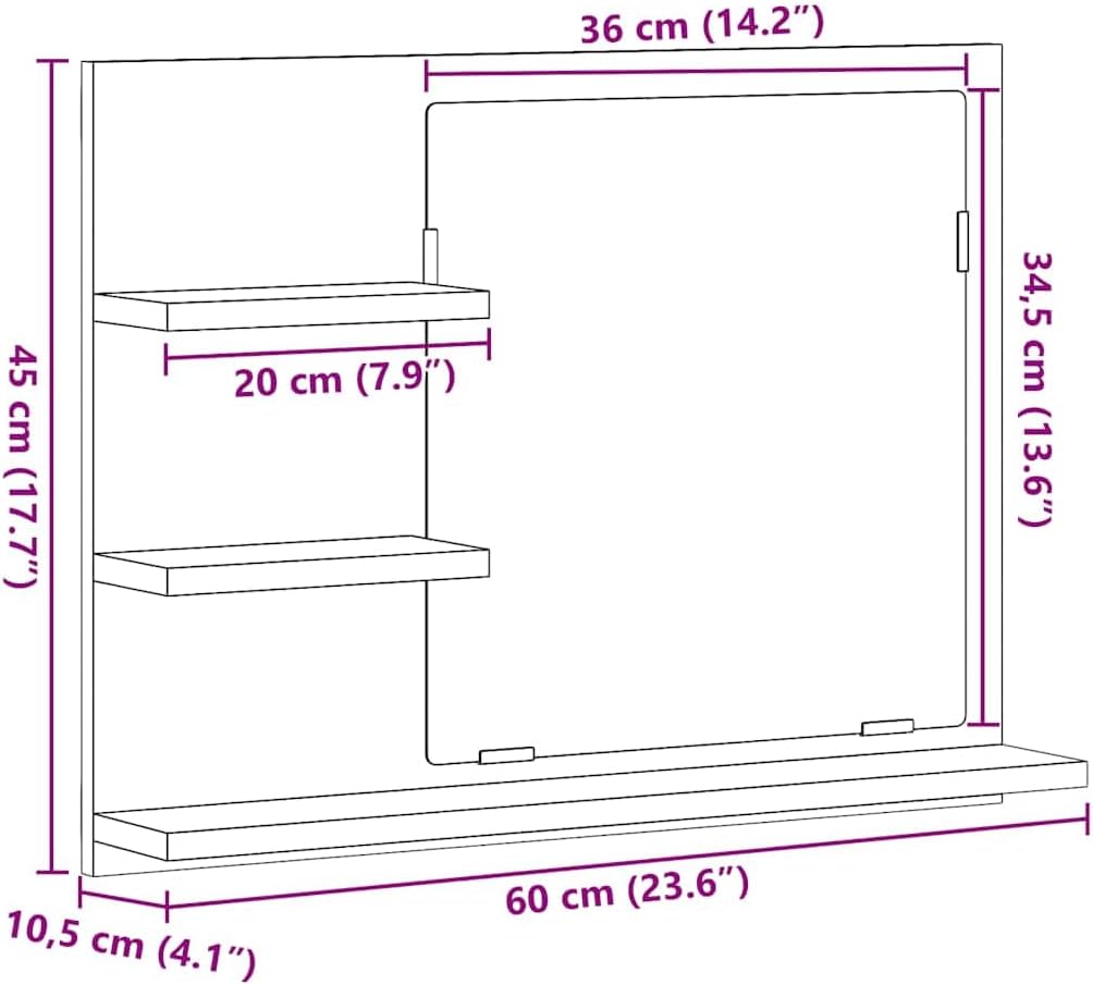vidaXL Badspiegel Schwarz Eichen-Optik 60x10,5x45 cm Holzwerkstoff, Badezimmerspiegel, Wandspiegel,